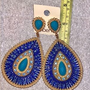 Large Sparkly Beaded Turquoise Gold-Toned Teardrop Dangle Earrings